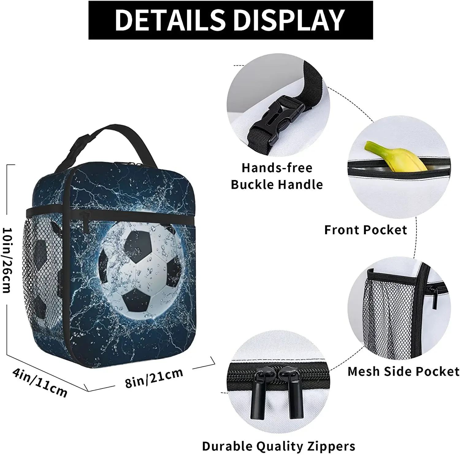 Soccer Ball on Water Printed Lunch Bag Insulated Lunch Box Cooler Tote for Office Work