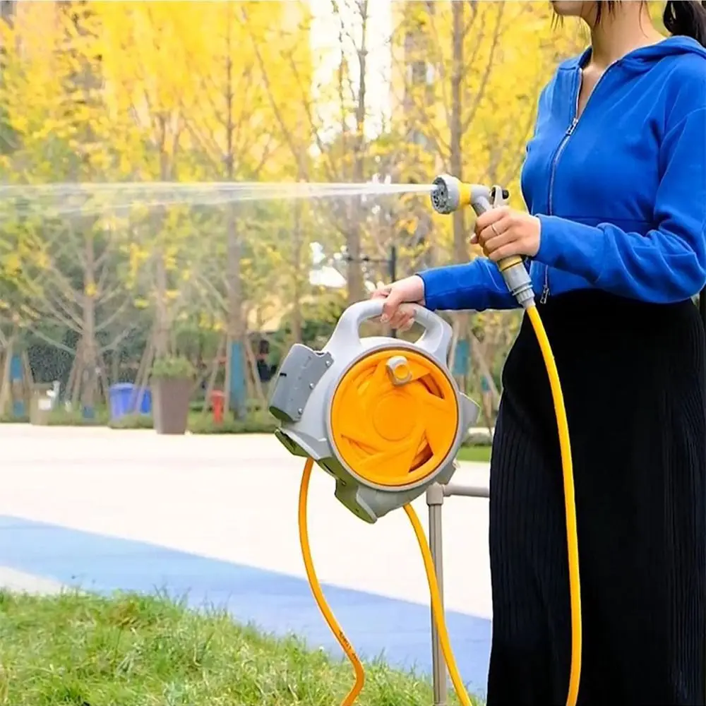 

Portable 15m High Pressure Water Hose 7-in-1 Retractable Portable Water Hose with Storage Rack Garden Watering Kit Car Washing