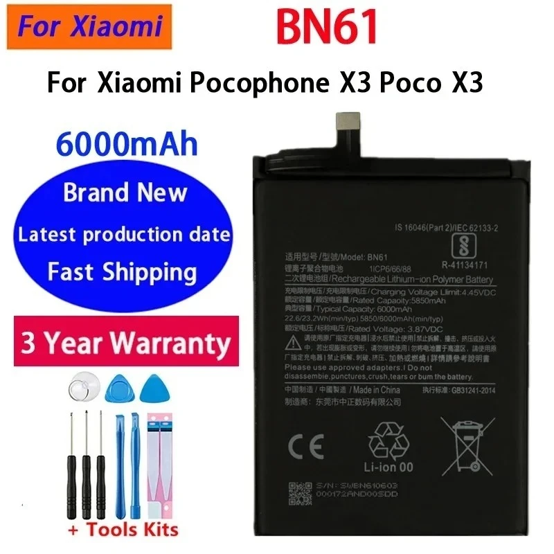 BN61 Brand New 6000mAh Battery For Xiaomi Pocophone X3 Poco X3 High Quality Phone Replacement Batteries Bateria Batterij +Tools
