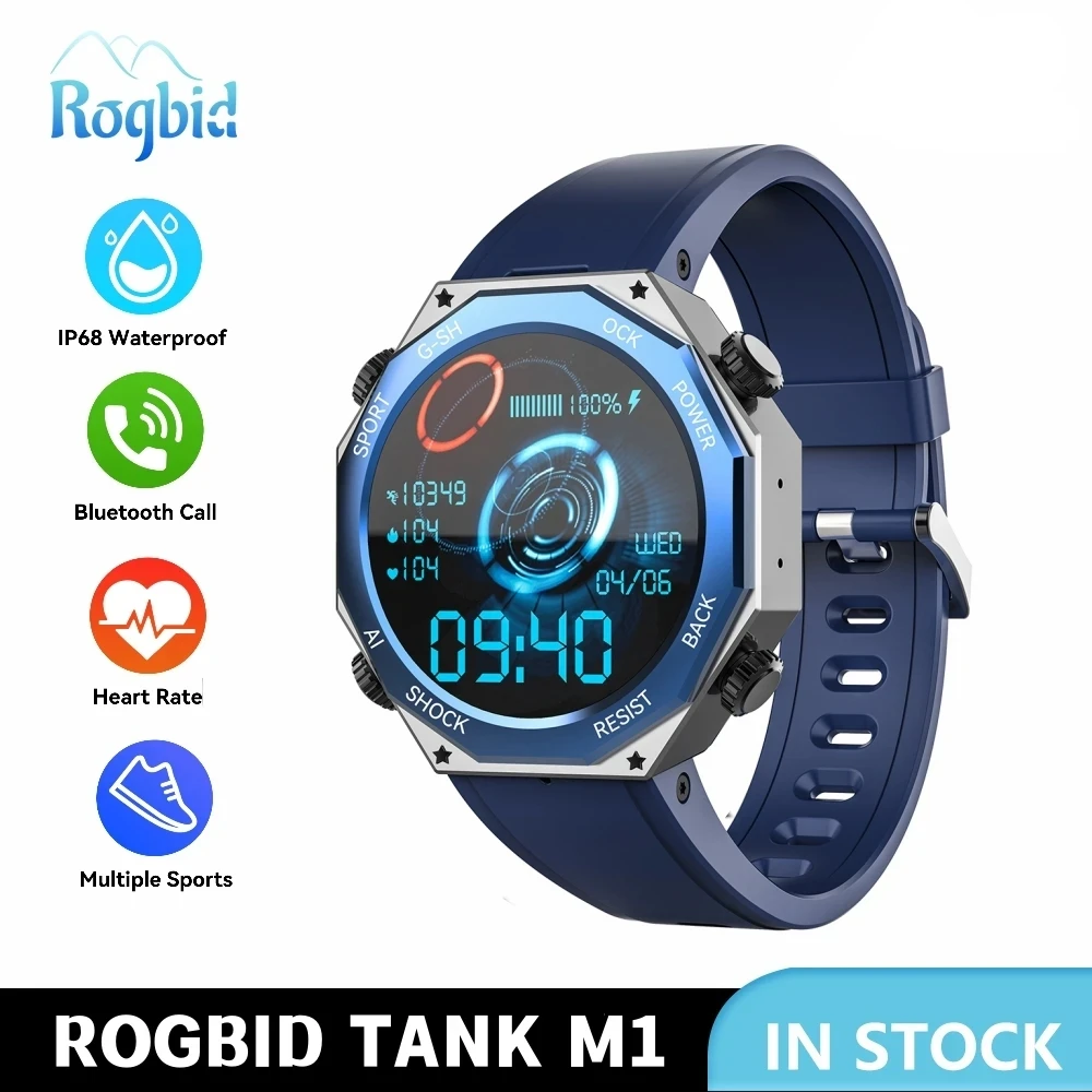 Original Rogbid Tank M1 Military Smart Watch Men Sport Fitness Bluetooth Call 5ATM Waterproof Electronic Smartwatch Women