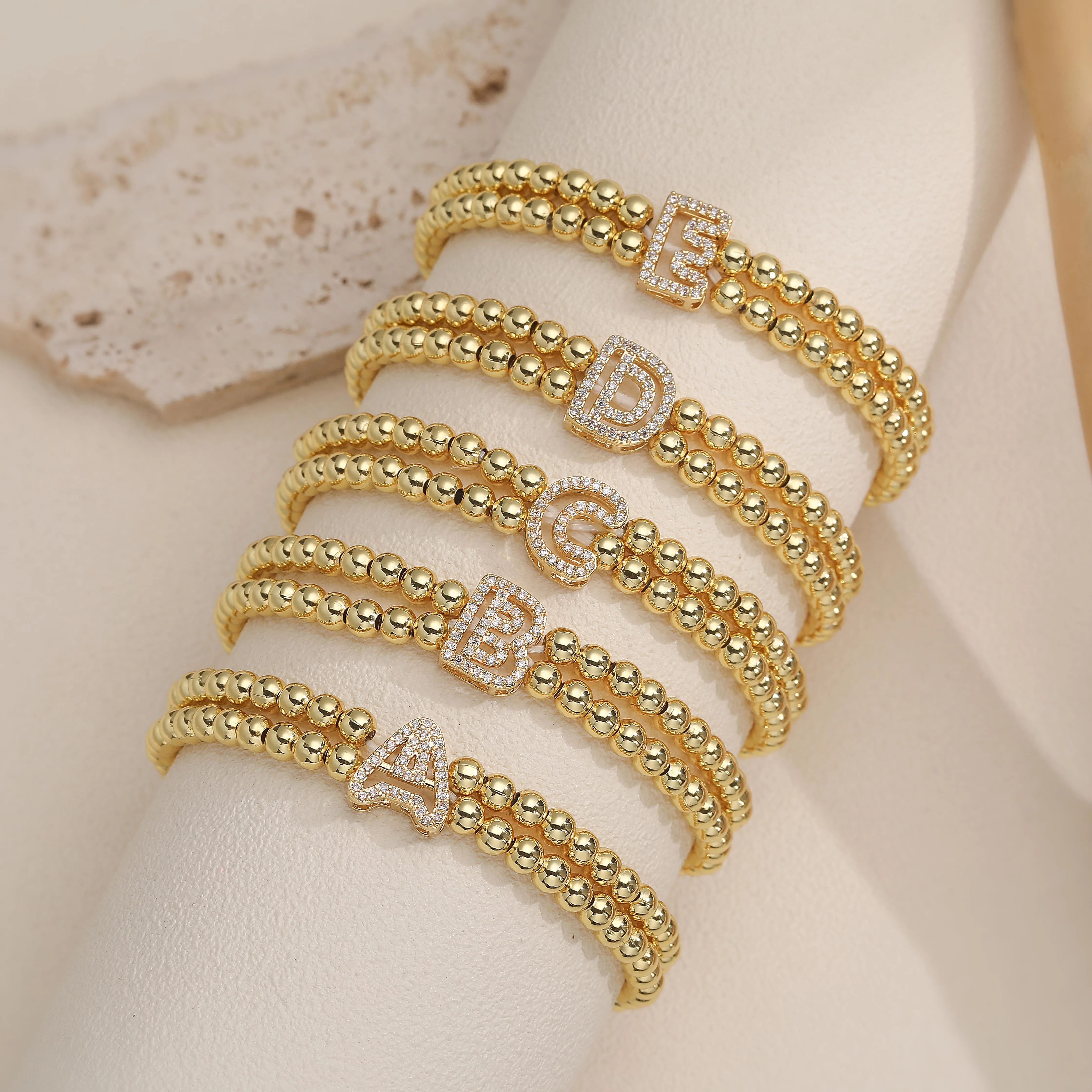 HECHENG,Copper Metal Initial A-Z Double layer Elastic Bead Bracelet Simple Fashion Personalized Neutral Jewelry 1 Piece
