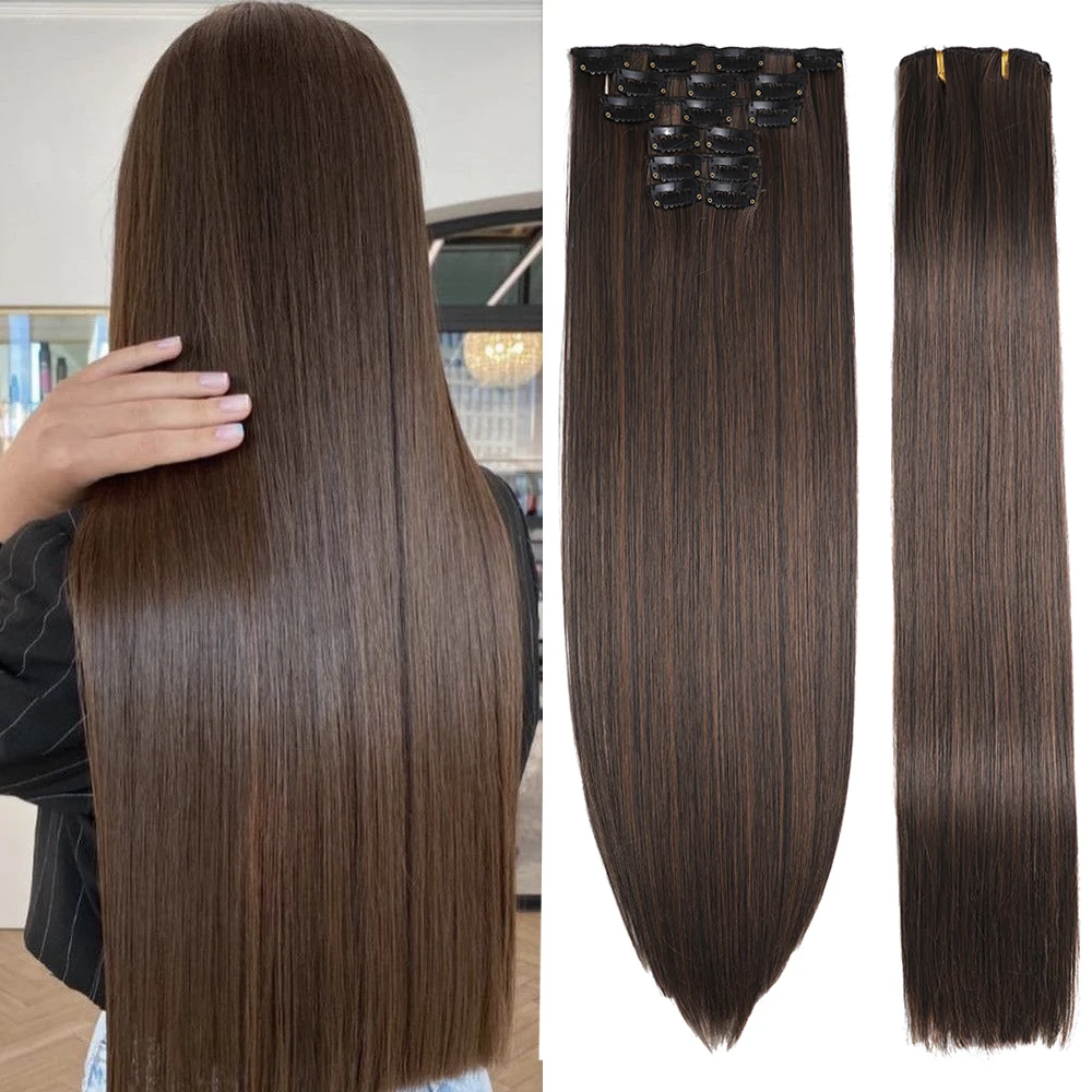 

24 inches Synthetic Long Straight Hairstyle 16 Clips 6Pcs/Set Hair Extensions Blonde Black Hairpieces Heat Resistant For Women