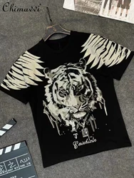 Spring Summer Fashion Brand Rhinestone Tiger Head Wings Short Sleeve T-shirt Men's Large Size Loose Handsome Cartoon Tees Top