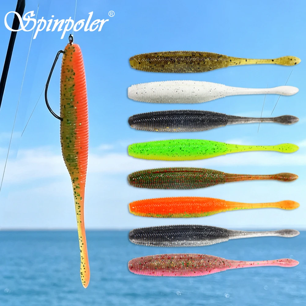 Spinpoler 7.5/9/11cm Soft Lure Worm Salt Fishing Bait Ribbed Segmented Body Hook Slot for Bass Walleye Freshwater 10pcs/Pack