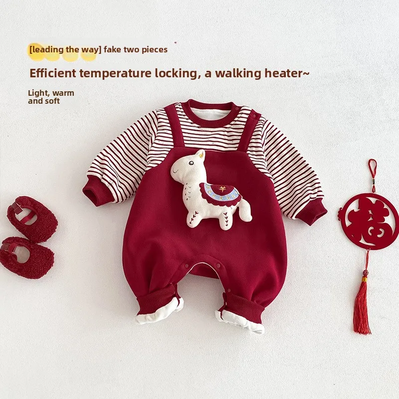 Baby Pony New Year's Clothing 2025 New Winter Girls' Splicing and Velvet jumpsuit Newborn Clothing