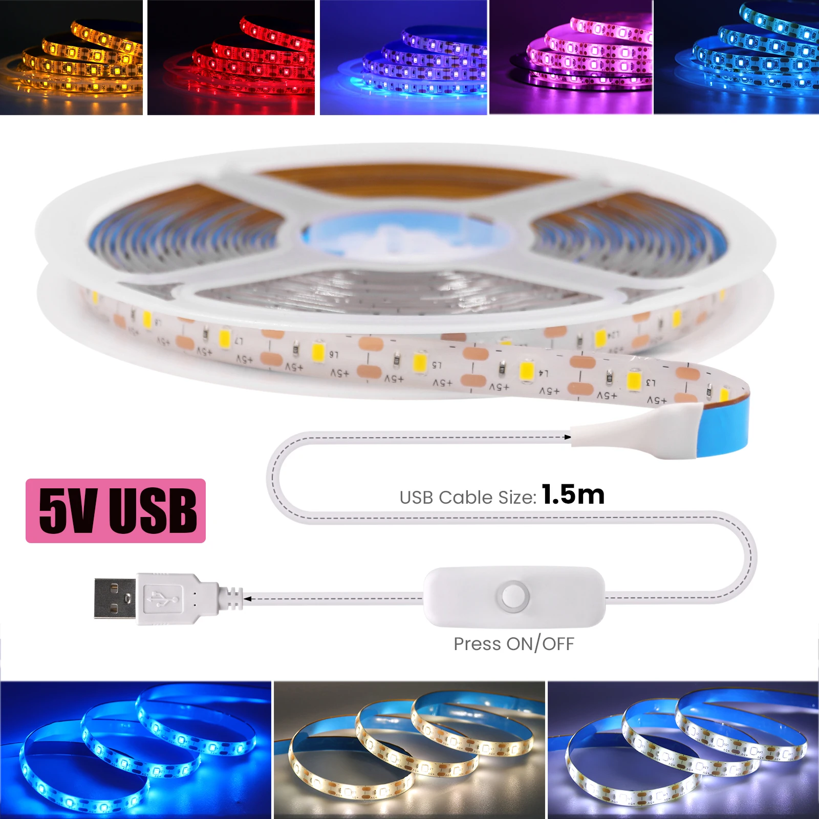 유연한 리본 테이프 백라이트, DC 5V USB LED 스트립, 핑크, 노란색, 흰색, 따뜻한 흰색, 빨간색, 파란색, 녹색, 50cm, 1m, 2m, 4m, 5m