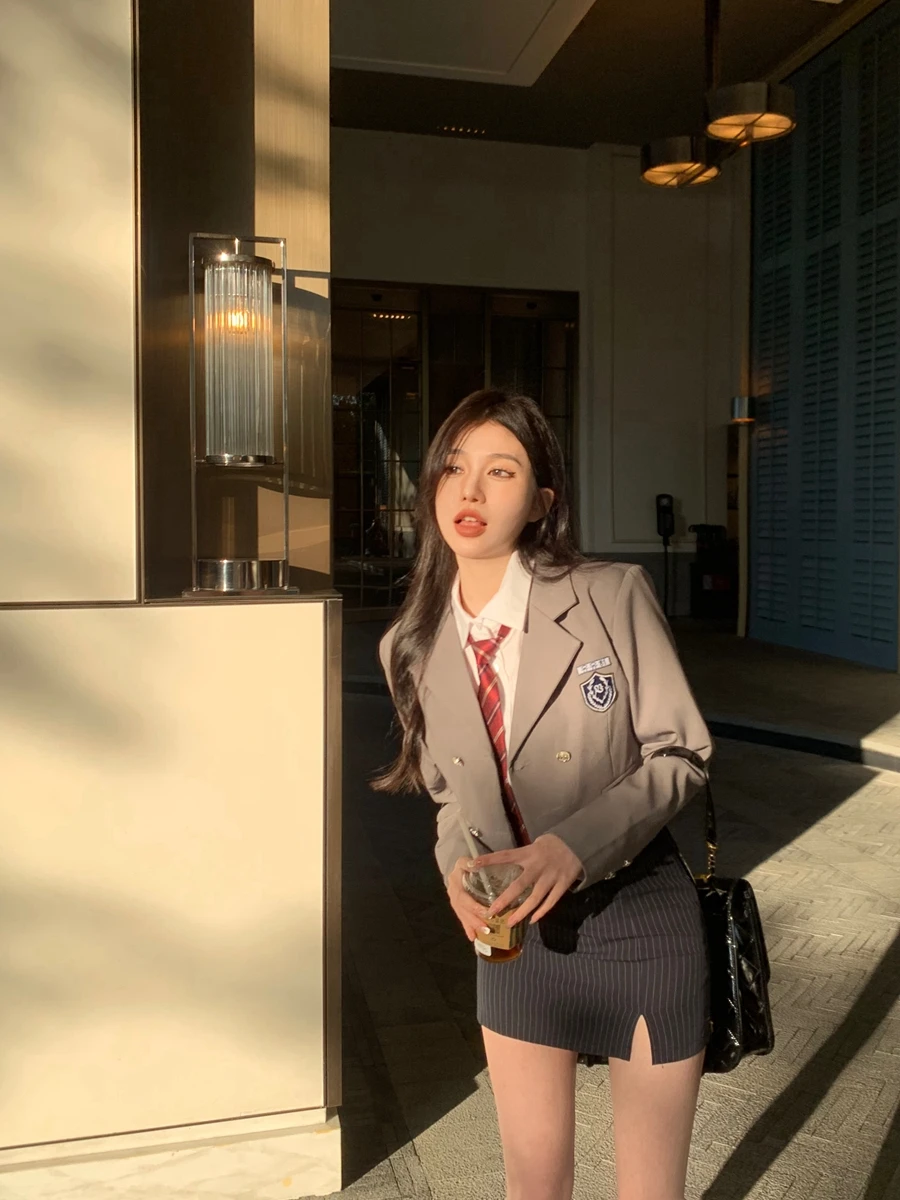 

Korean College Sle Tee-Piece orm Set Jk Outfit Spring Autumn Skirt Polyester Material Faionable Women's Set
