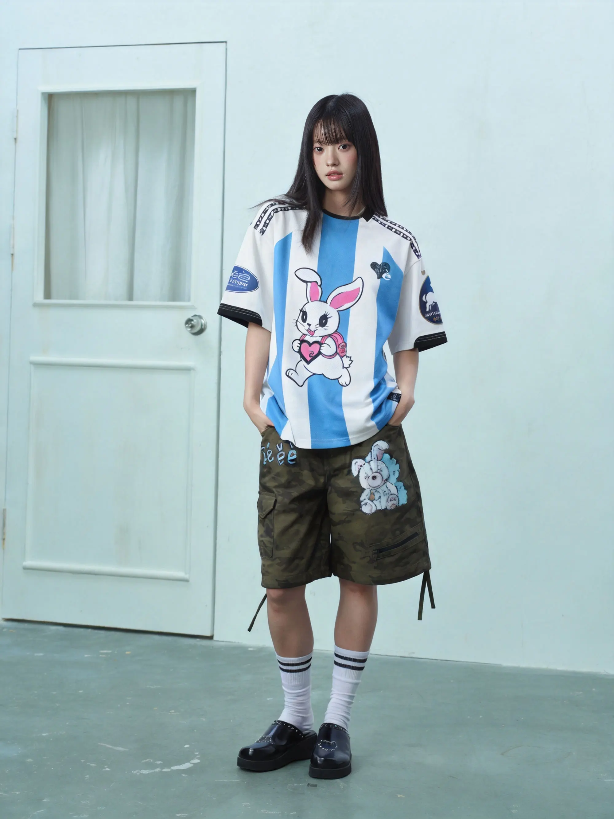 EeeeArtmonster School Rabbit Sporty Stripe Color Block T-Shirt Short Sleeve Printed Summer Top for Men And Women