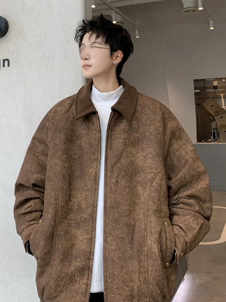 

Men's Leather Jaet Thiened Lamb Fur Cotton Workwear Jaet Winter Warm Zipper Closure Casual Sle Youth Faion