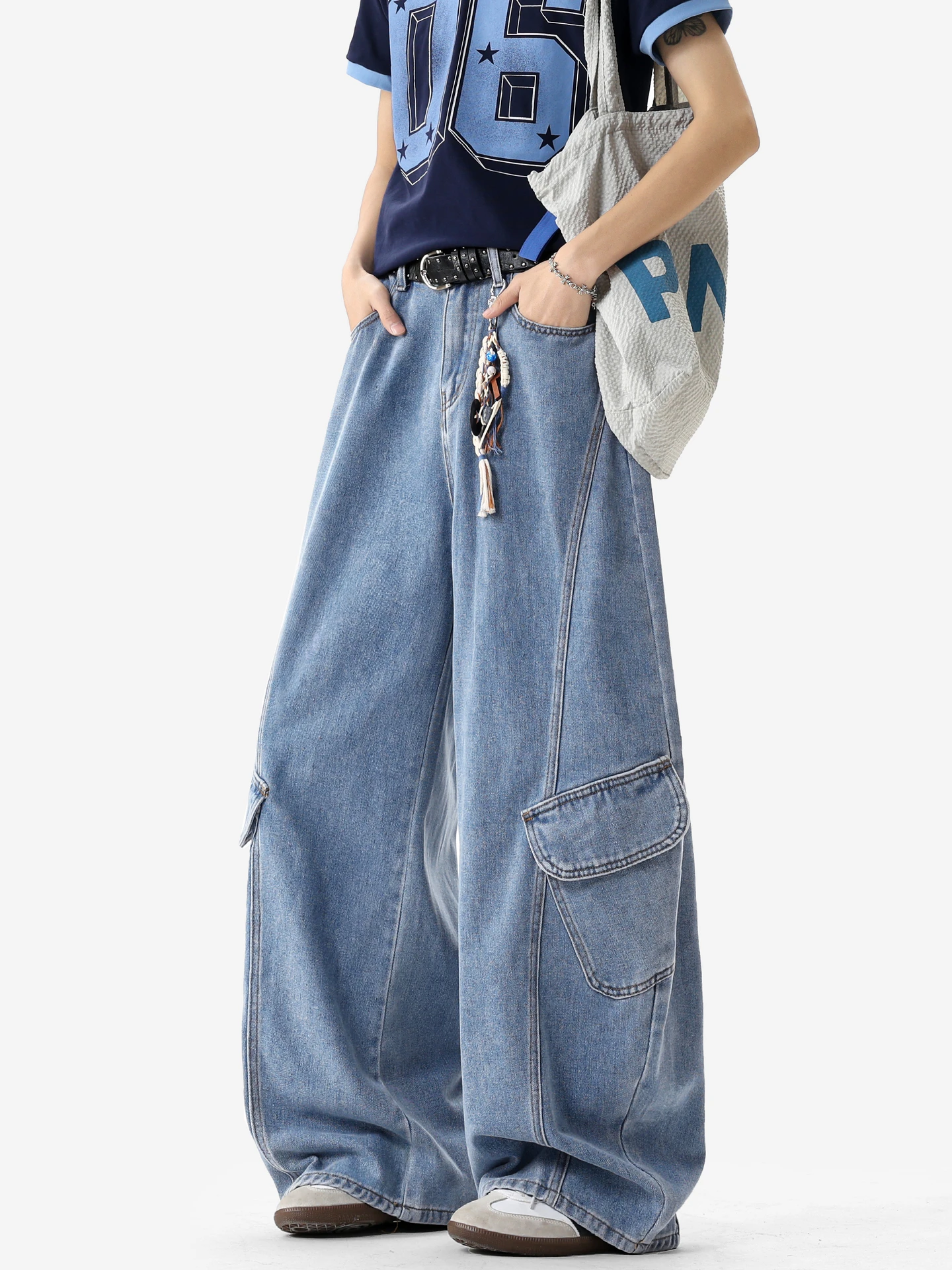 

Trendy American Sle Straight Leg Jeans Men's Loose Fit Vintage Workwear Wide Leg Pants with Big kets Youth Casual Jeans