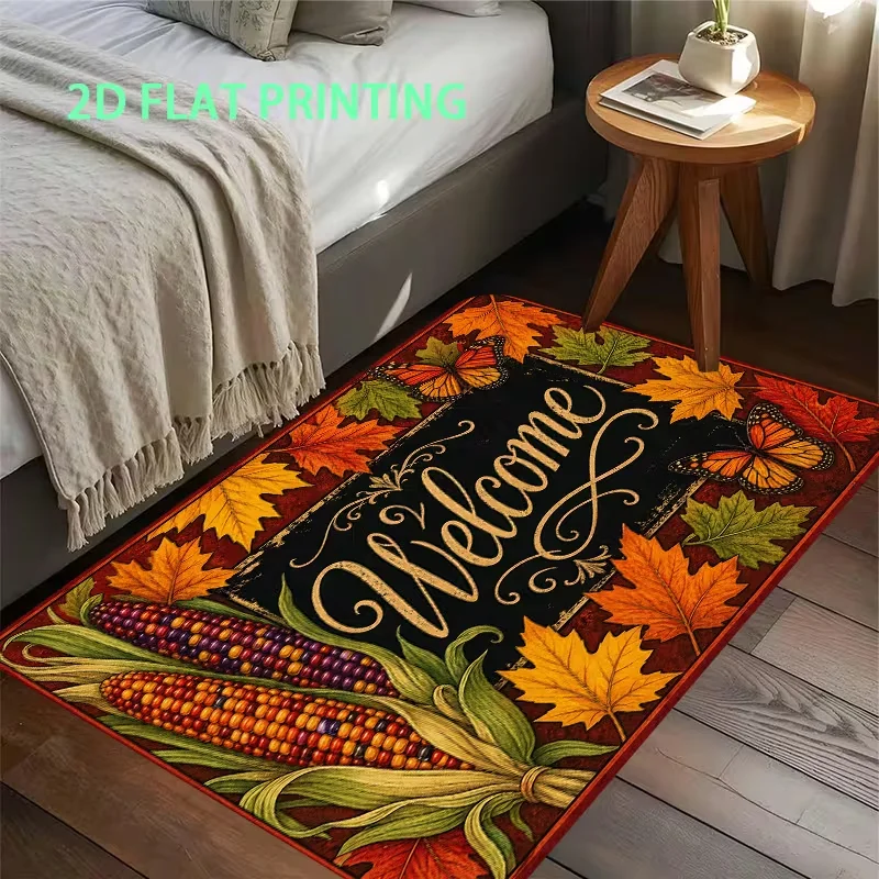Fall Welcome Harvest Doormat Maple Leaf Corn Butterfly Autumn Print Entrance Rug Seasonal Home Carpet for Entryway Bedroom