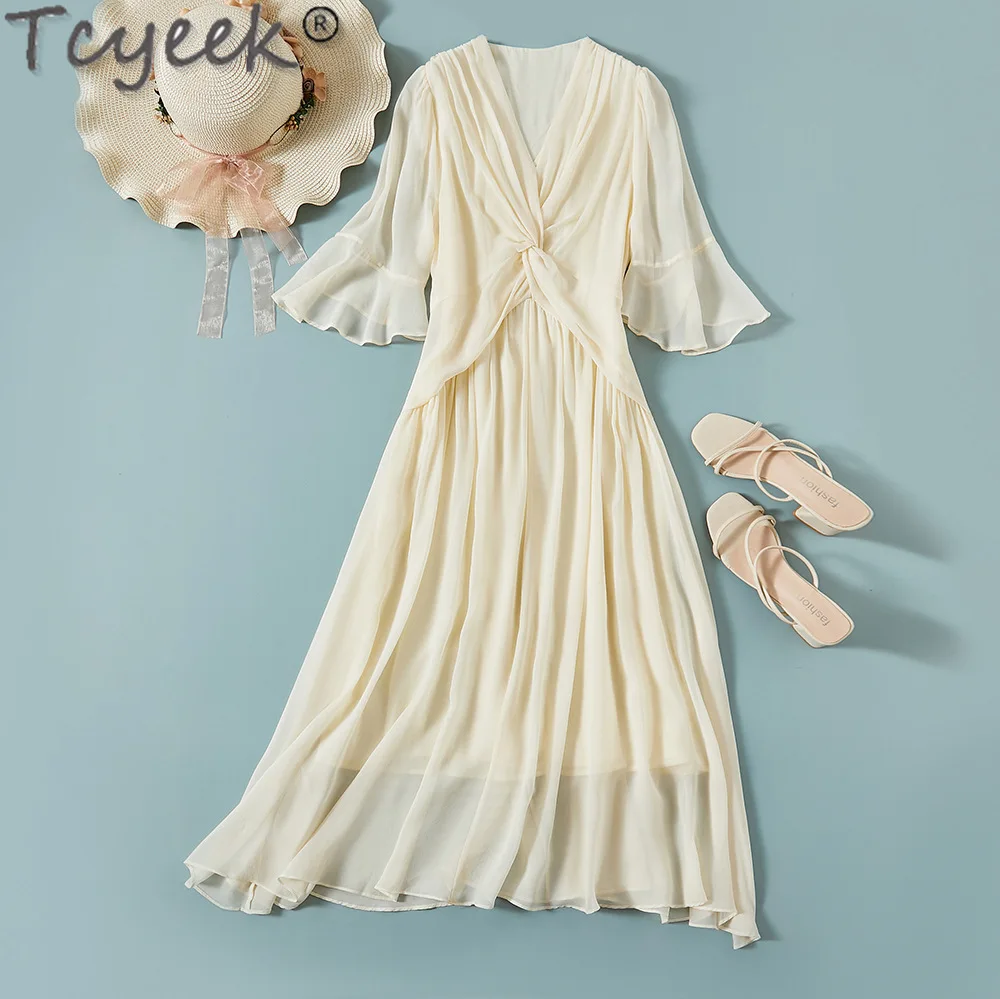 

Tcyeek Pure Mulberry Silk Long Dress Women Elegant and Pretty Women's Dresses V-neck Beach Dress Summer Clothes Vestido Mujer