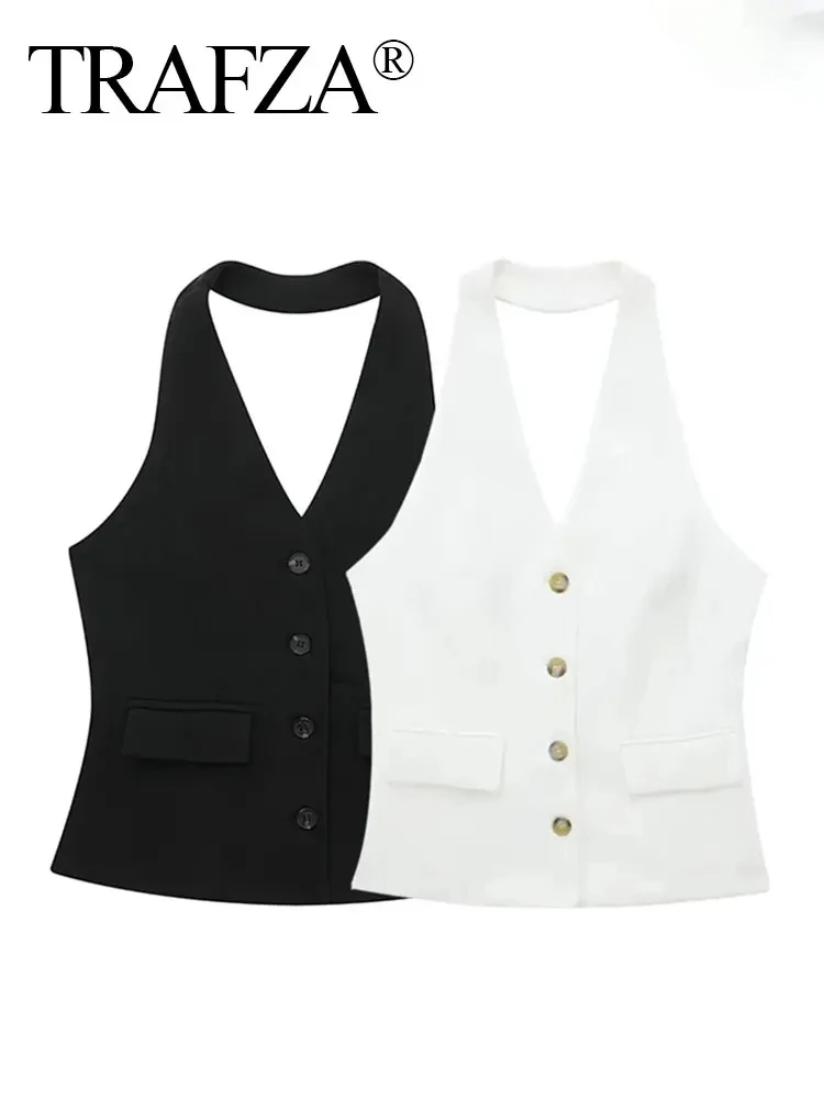 TRAFZA Summer Women Elegant White Cropped Vest Halter Single Breasted Sleeveless Blazer Vest Top Woman Casual Office Wear Vests