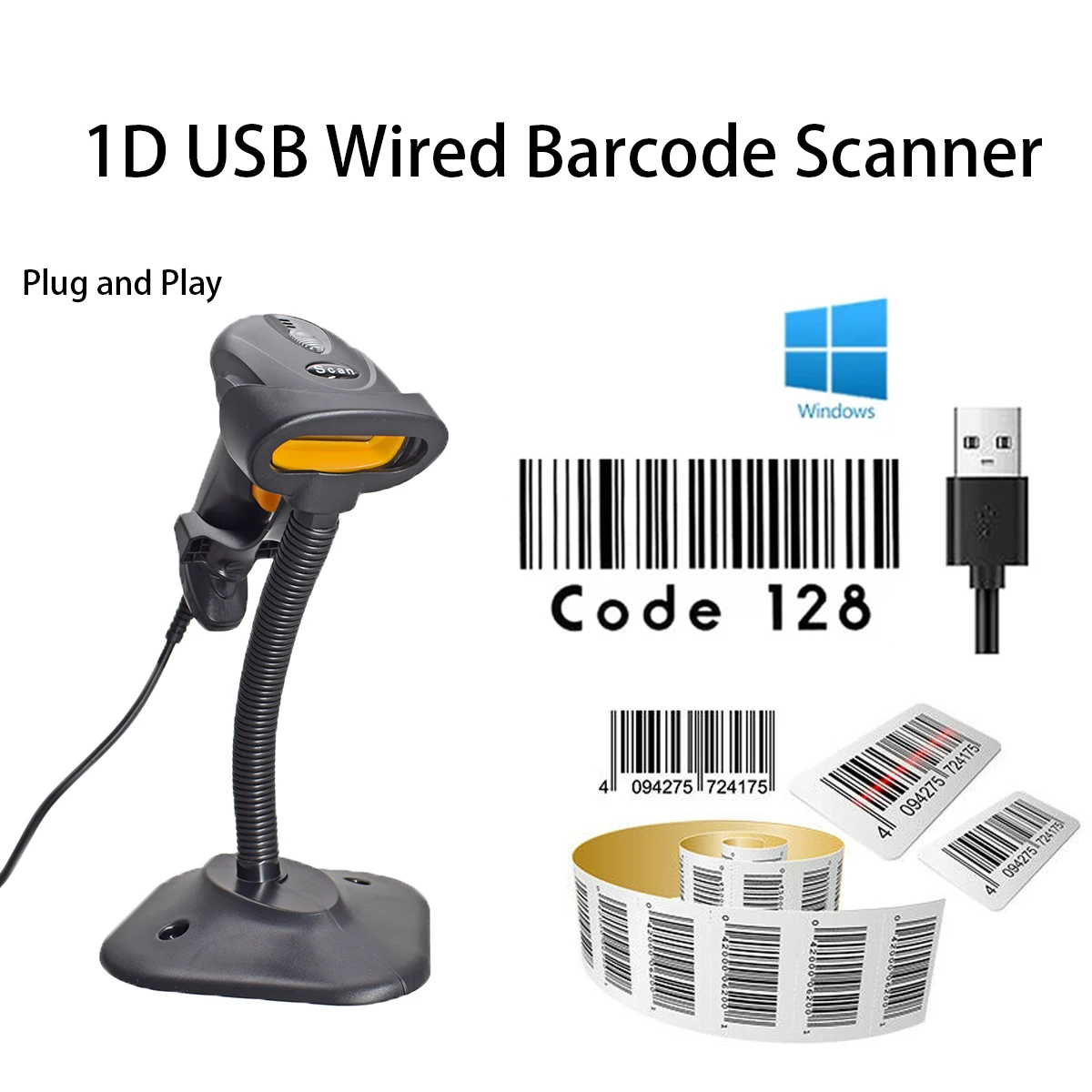 USB Wired Laser Barcode Scanner with Holder, Auto Sensitive Scanning, 1D Laser