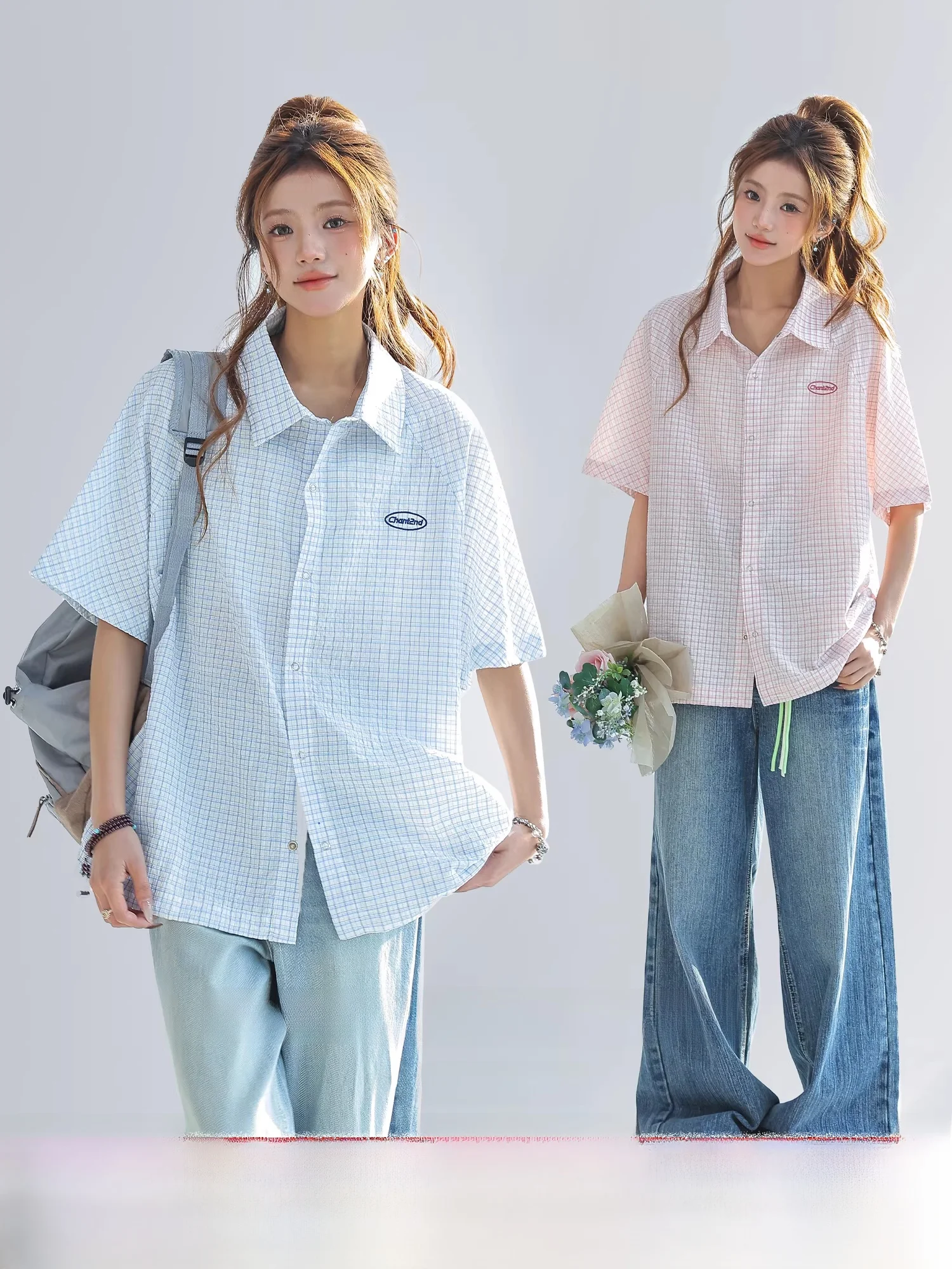 

Корейская женская летняя рубашка с вышивкой букв, в клетку, свободного кроя, повседневная, из смесового хлопка и полиэстера