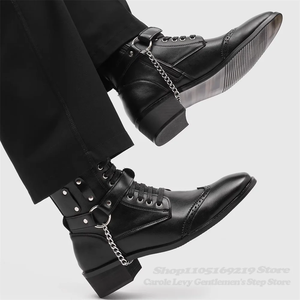 Rivet Knight Boots Men Thick Soled Inner Height Increasing Boots Black Leather Chain Decor Lace Up Side Zipper Short Boots