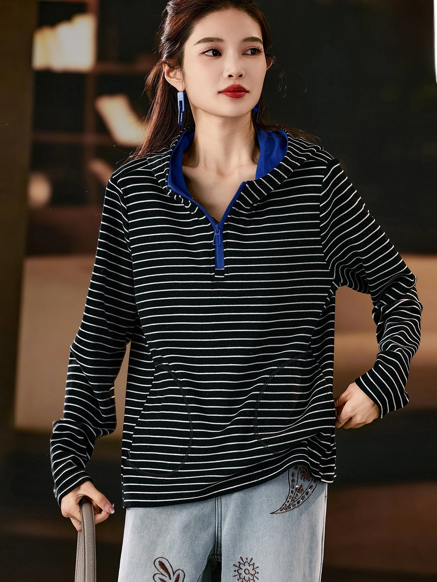 

Thiened Stripe Splicing T-irt Women's Winter Faion Street Sle Long Sve Breathable Skin-friendly Viscose Polyester ...