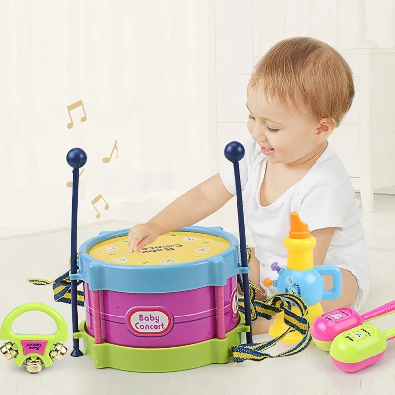 5 pz/set bambini tamburo tromba giocattolo musica strumento a percussione Kit fascia apprendimento precoce giocattolo educativo bambino bambini regalo per bambini