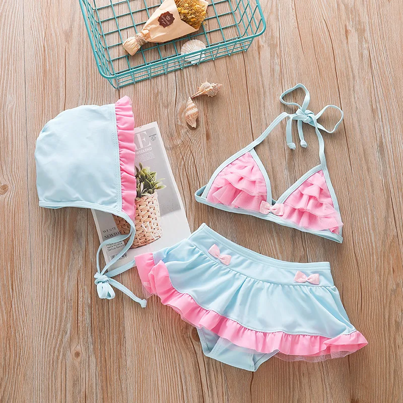 Korean Version Blue Pink Bow Children's Swimsuit New Style Children's Swimsuit Fashion and Cute Kids Suit