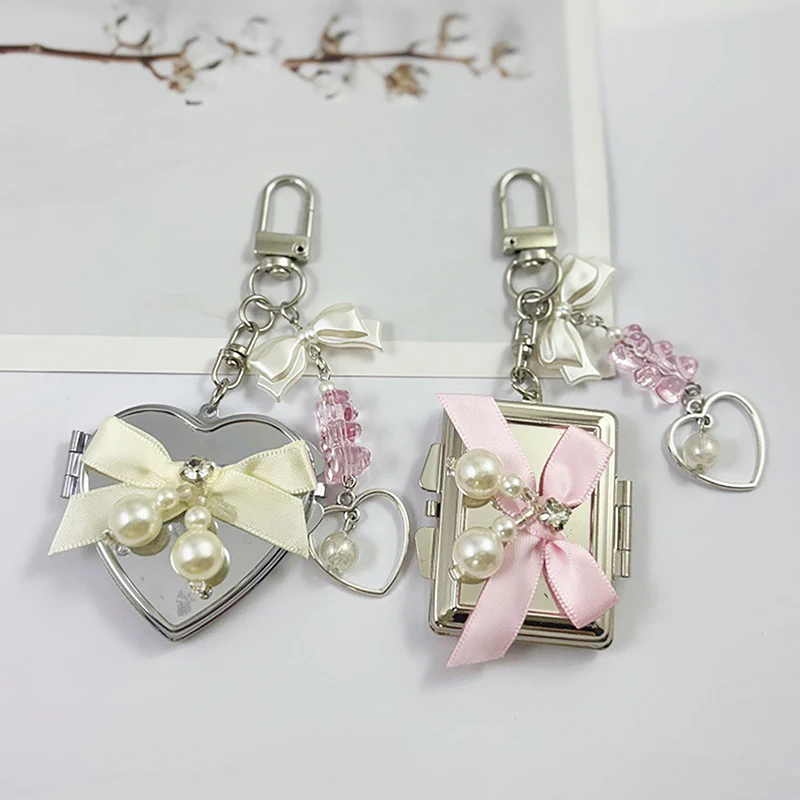 Pearl Bowknot Metal Keychain With Heart Shaped Mirror INS Style Bag Keyring Sweet Fashion Earphone Camera Pendant Gift