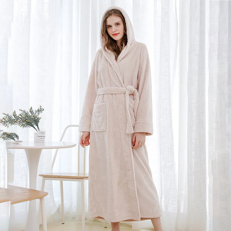 Women\'s Hooded Nightgown Thickened Long Hotel Yukata Warm Sleepwear Autumn and Winter Coral Fleece Bathrobe