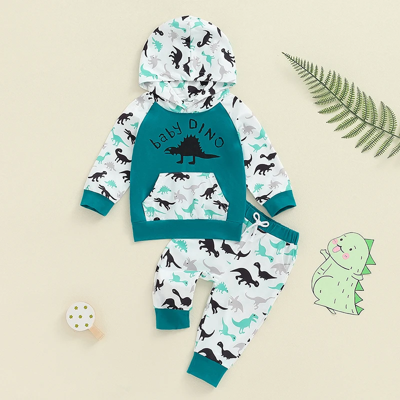 

2024-05-16 Lioraitiin Toddler Boys Fall Outfits Dinosaur Print Hooded Long Sleeve Hoodies Sweatshirts and Long Pants 2Pcs Set