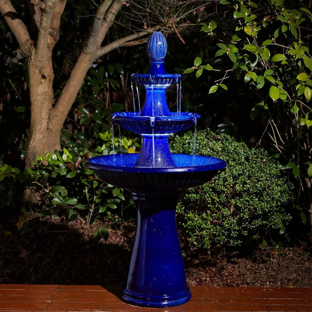 Water Fountain Outdoor Floor-Stand Fountain with LED Light & Pump Oversized 3 Tier Ceramic Cobalt Blue Patio Fountains