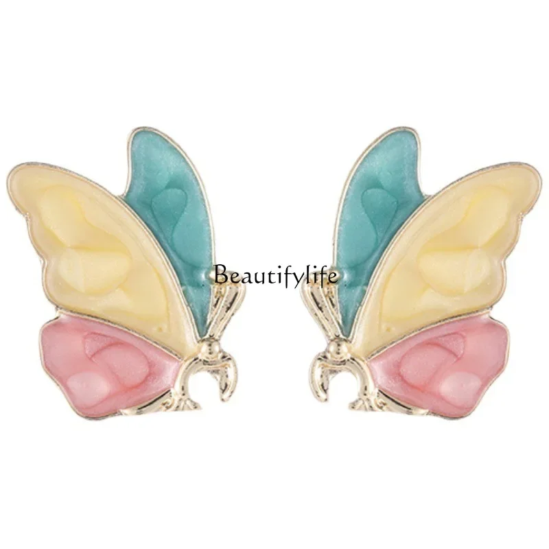 

S925 silver personality versatile color butterfly shape contrasting color beautiful stud earrings