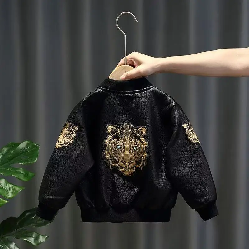 

Boys' Leather Jacket Children's Coat PU Jacket Children's Clothing Cartoon Zipper Leather Jacket Kids Top