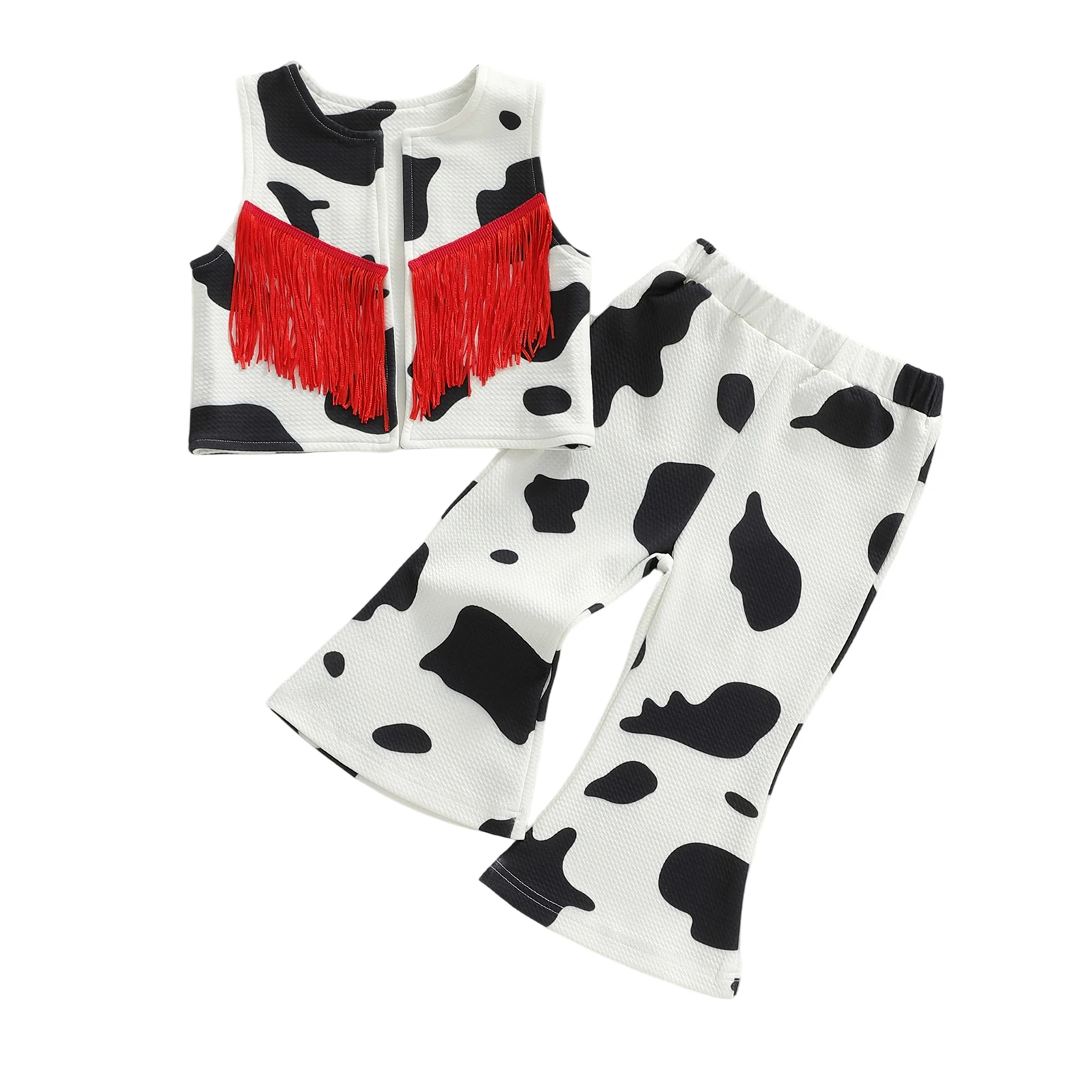 

Baby Western Style 2 Piece Outfits Sleeveless Crew Neck Cow Print Zipper Tops Elastic Waist Flared Pants Set
