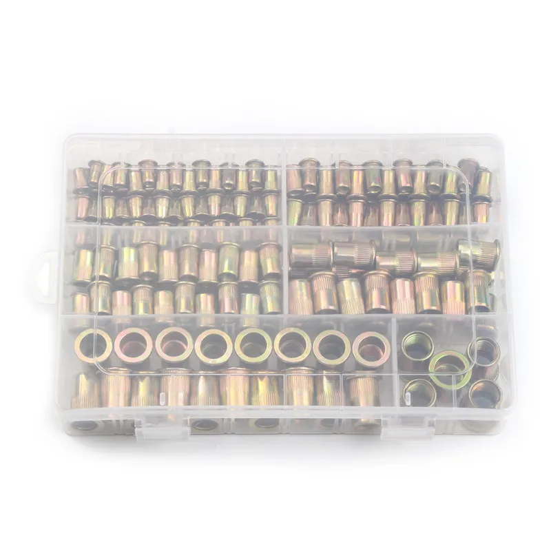 Flat Head Rivet Nuts Set, aço carbono Rivet Nuts, Hardware, multi tamanhos, Inserção, M4, M5, M6, M8, M10, M12, 210, 165, 100pcs, caixa