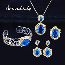 Foydjew Retro Simulation Color Gemstone Jewelry Sets Inlaid Paraiba/Green/Blue Pendant Necklaces Earrings Bracelets Rings Set