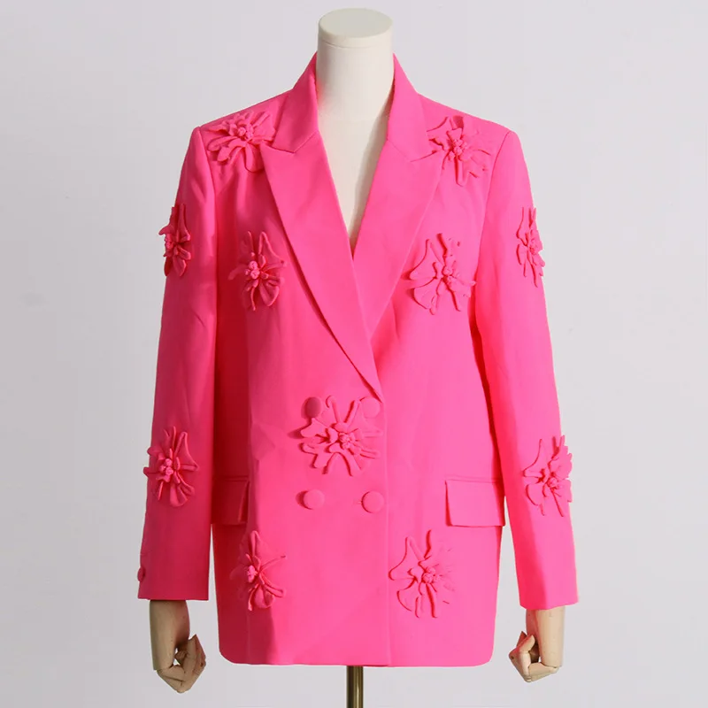 Chaqueta estereoscópica con apliques de flores para mujer, Blazer largo de doble botonadura, marca superior, 2024