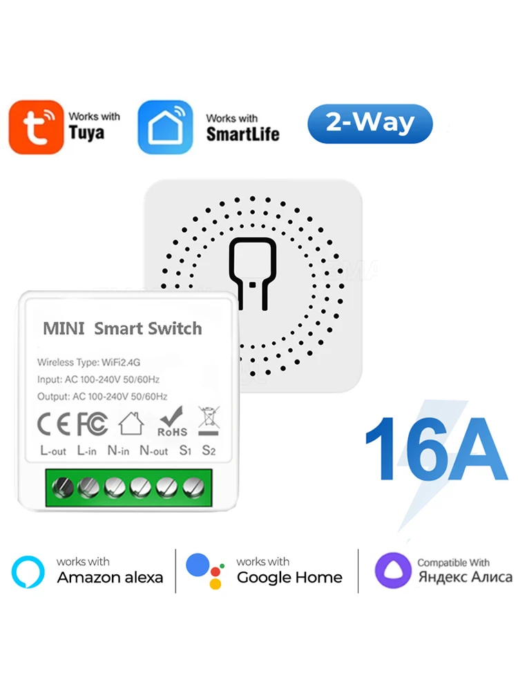 16A Tuya mini Wifi Smart Switch Smart Home Lichtschakelaar Module 2-weg bediening Werkt met Tuya Smart Life Alexa Google Home - afbeelding 2