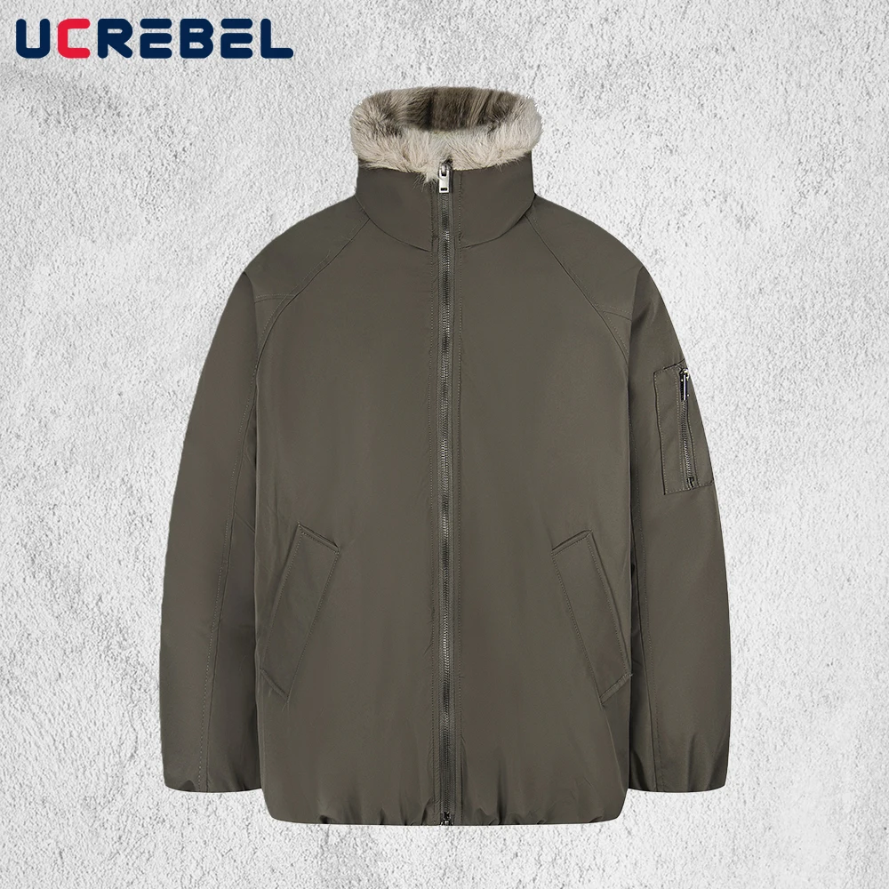 Pocket Spliced Padded Jacket Mens Winter Thick Retro Streetwear Fur Collar Long Sleeve Warm Quilted Jacket Man