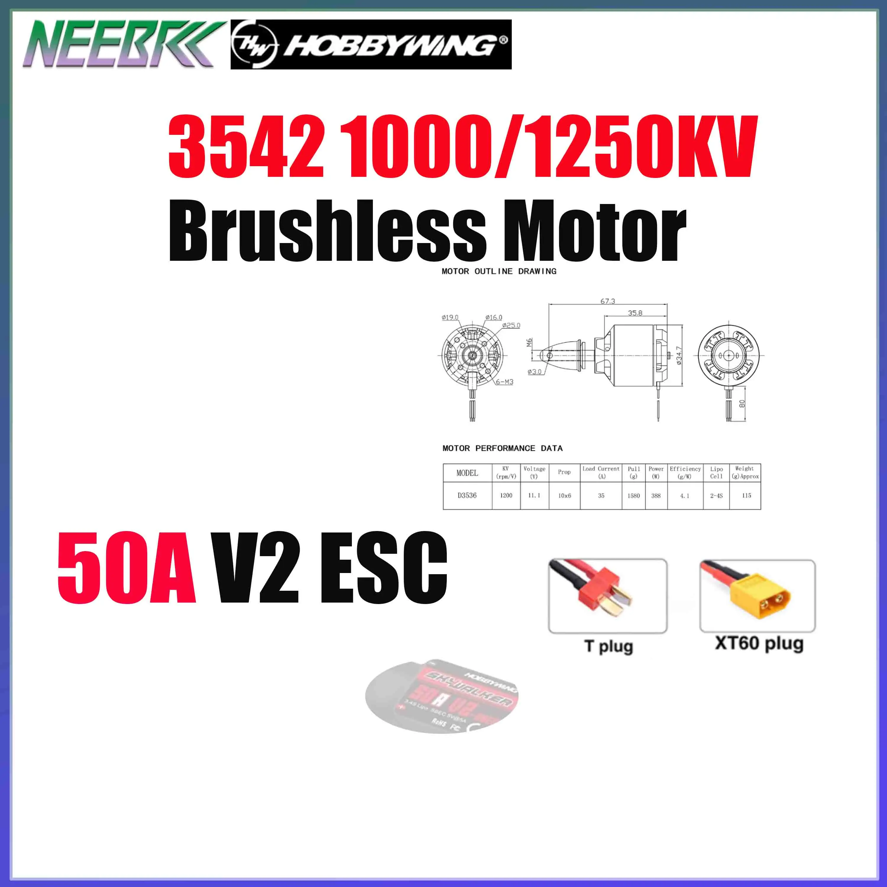 NEEBRC D3536 1200KV Brushless Motor w/ 50A V2 ESC Combo T/XT60 Plug for RC Fixed-wing Drone Aircraft Plane Glider Wltoys Parts