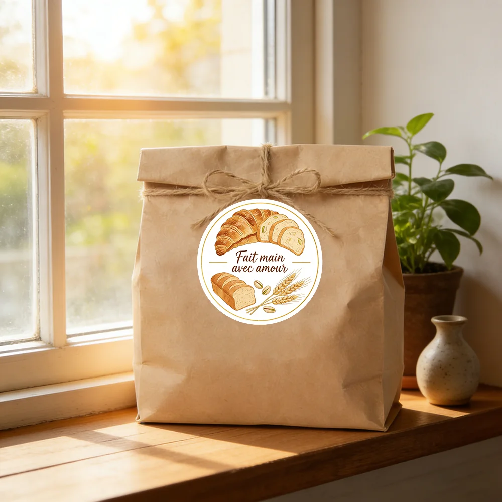 Round Stickers -  "Fait main avec amour" Design for Gift Bags, Gift Boxes & Bakery Packaging, Bread Display Supplies