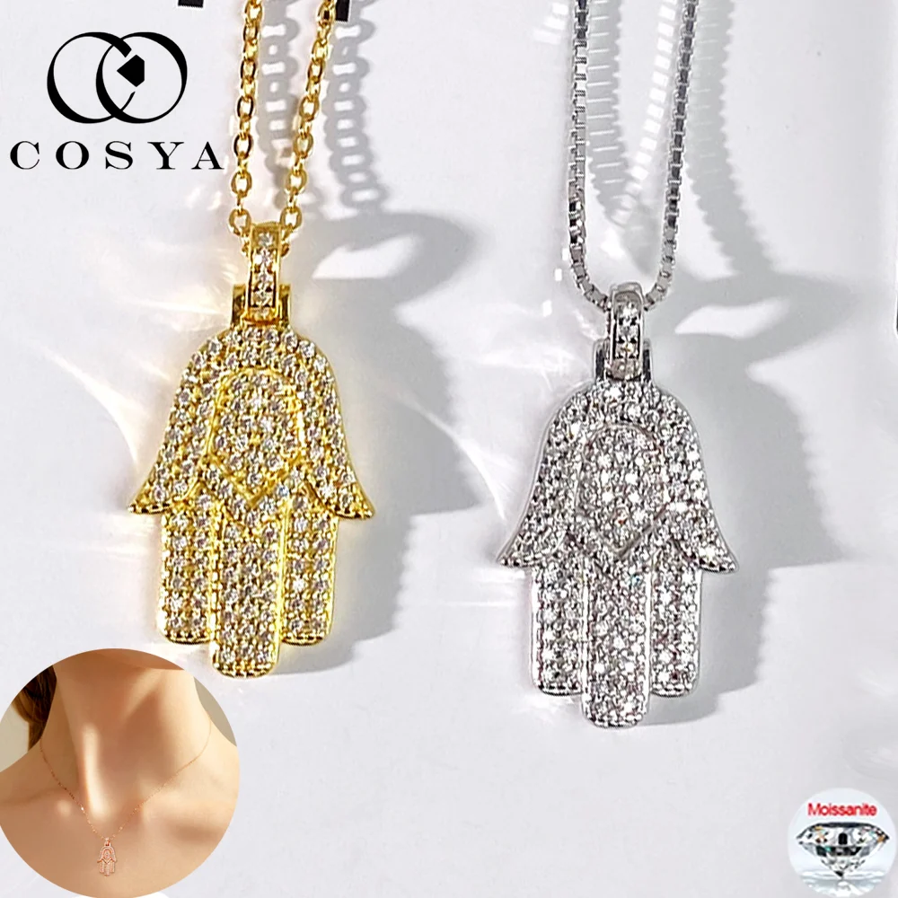 

COSYA Full Moissanite Hamsa Hand Necklace S925 Silver 18K Gold D Color Lab Diamond Necklace For Women Men Party Fine Jewelry