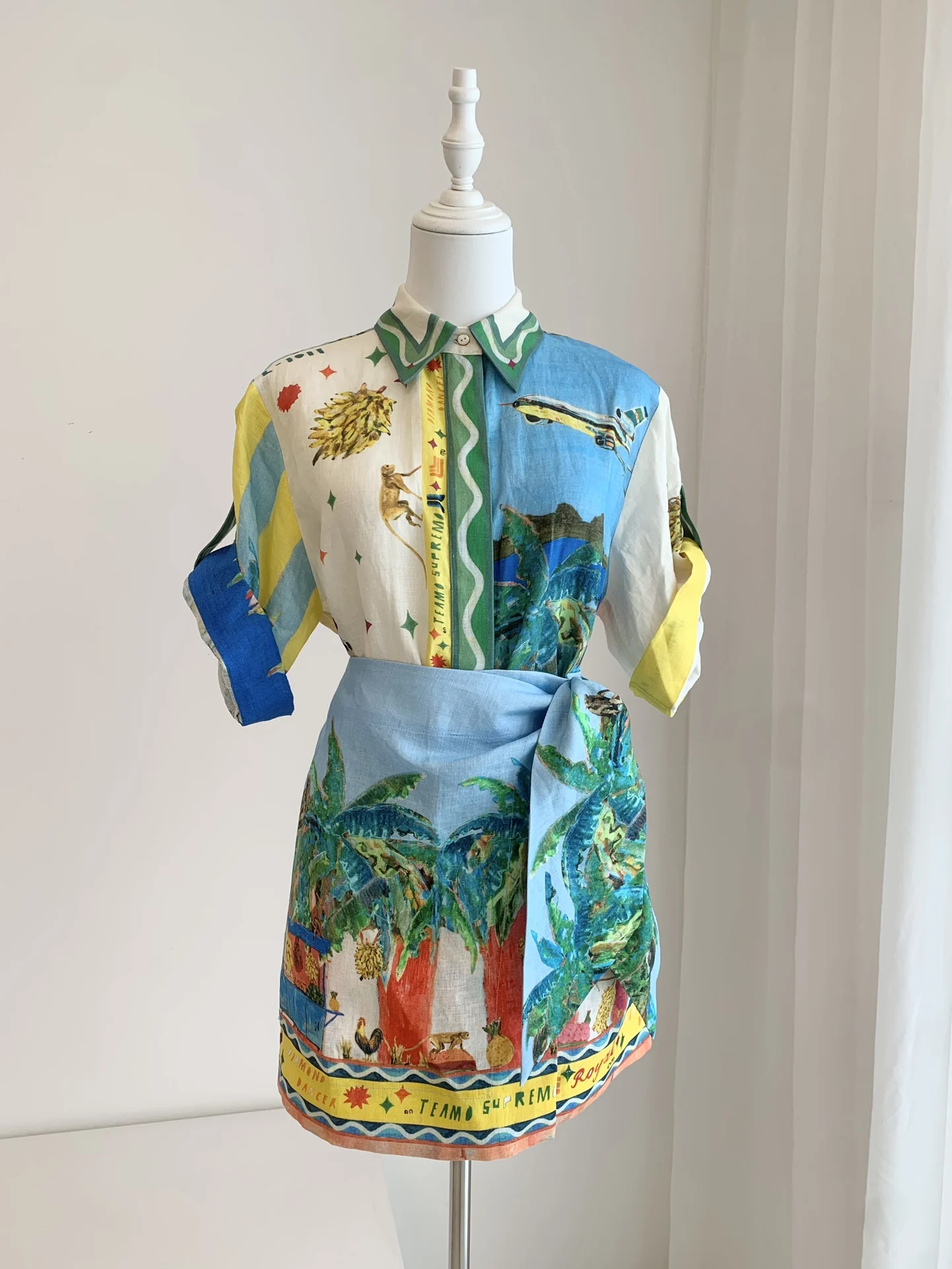 

Fashion Women's 100% Linen Printed Set Women's Shirt Long Pants