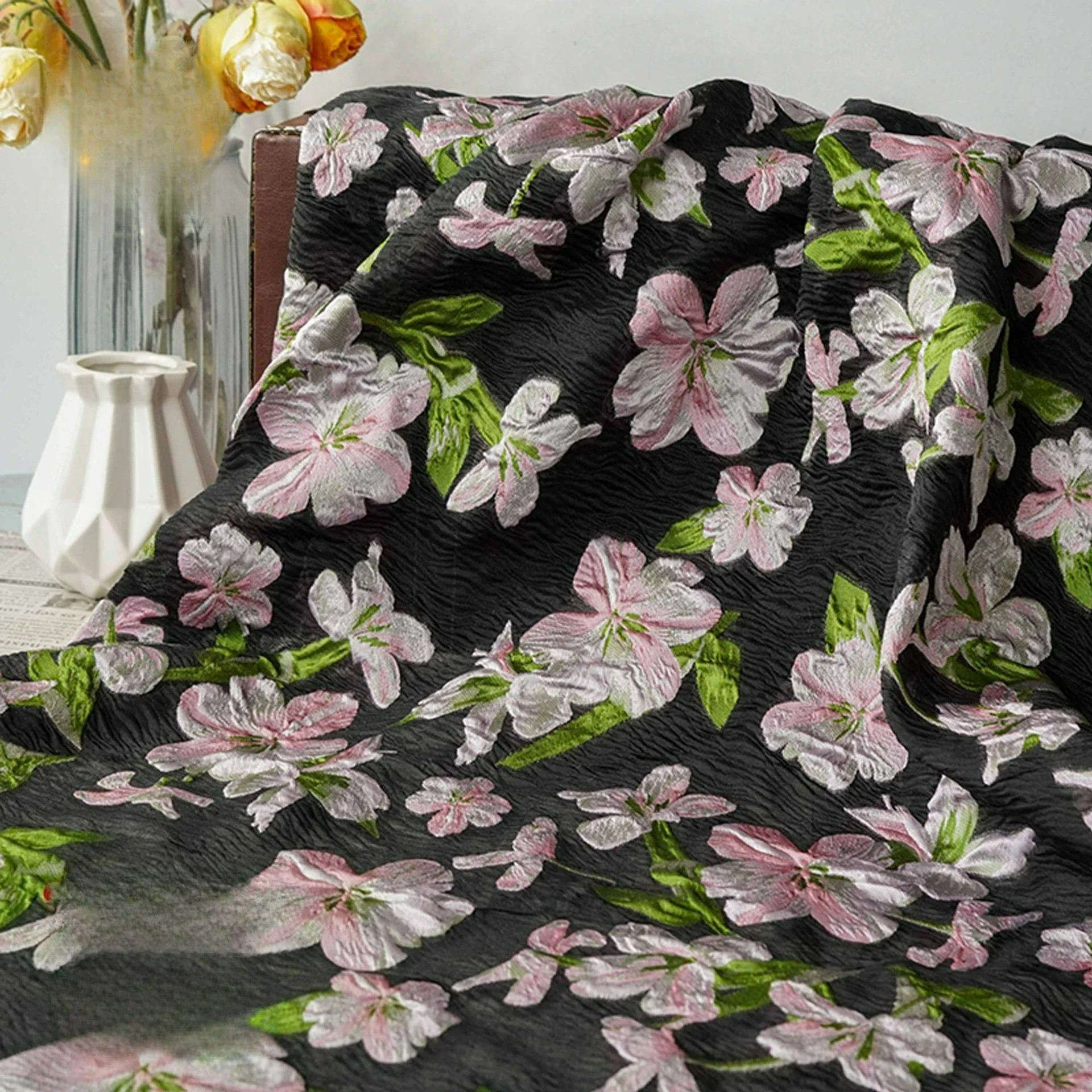 

Relief Black Background Pink Floral Woven Jacquard Fabric Micro Transparent Elegant Dress Vest Decorative Sewing Fabric