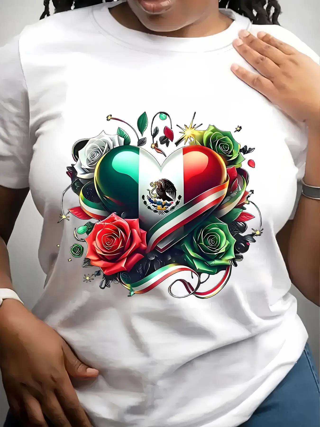 Women's Trendy Crew Neck T-Shirt Mexican Flag Heart Rose Design Suitable for Casual Sportswear