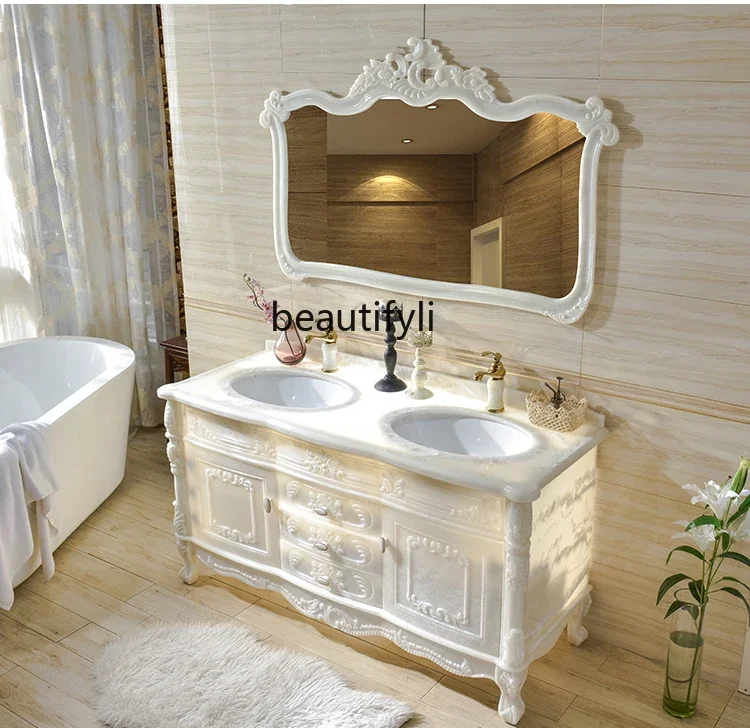 new European-Style Bathroom Cabinet Light Luxury Bathroom Integrated Jade Floor Double Basin Washbasin Washstand