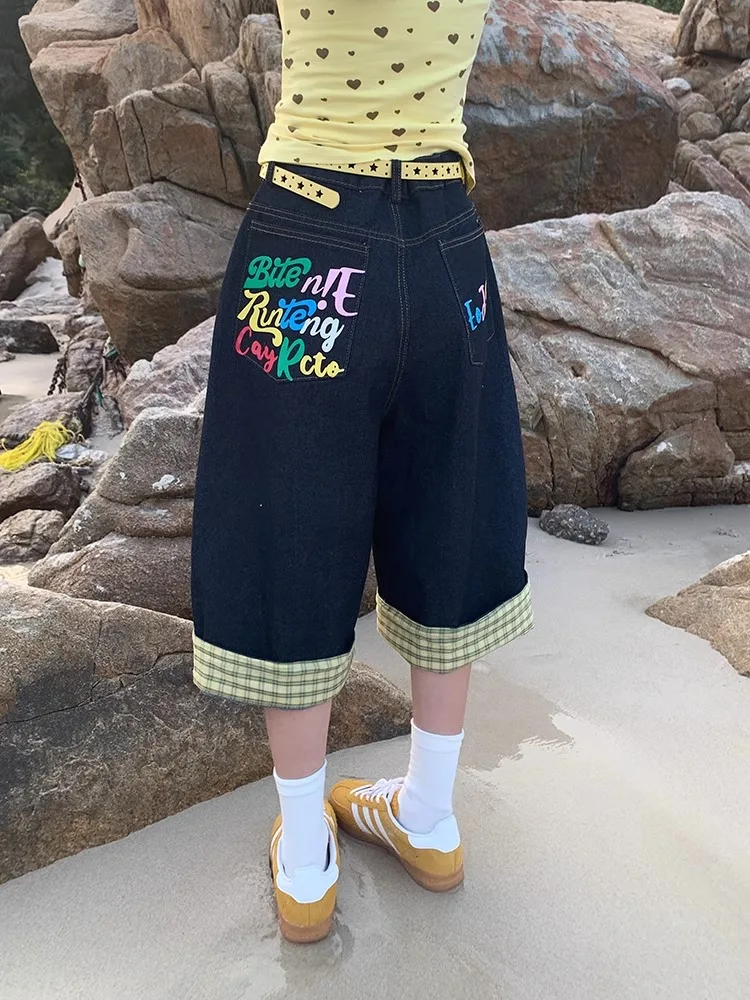 

American Retro Streetwear Plaid Patchwork Jeans Shorts Men's Women's Summer Loose Slimming Wide Leg Shorts Trendy