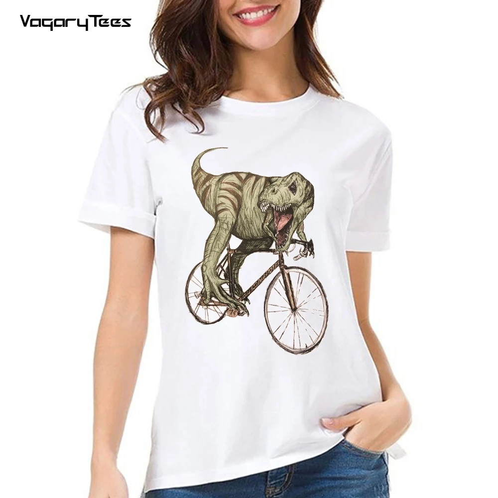 New Summer Women's T-Rex Dinosaur Lover And Bikes Vintage Print T-Shirt Cute Girl Casual Funny Animal Design  Short Sleeve Tops