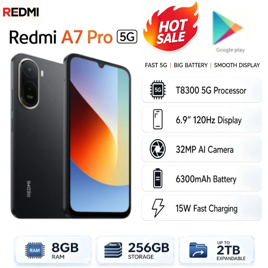 Best‑Selling 2026 Brand New Redmi A7Pro Android Gaming Phone 8 GB RAM 256 GB ROM 6.9‑Inch FHD+ Screen Powerful Helio G85