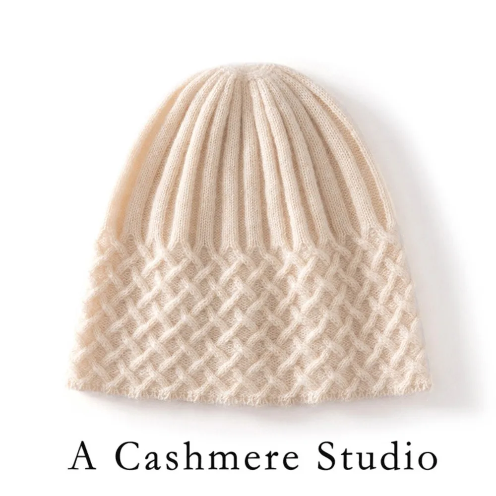 Adults Women 100% Pure Cashmere Beanie Half Cable Knit Design Solid Tone Soft Warm Autumn Cap Comfortable Elastic Casual Beanie
