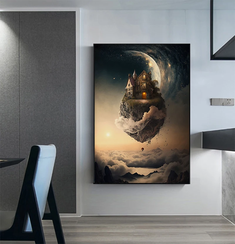 A castle occupied by a dragon Fantastic Dreams and the Moon Canvas Painting Wall Art Picture Living Room Office Room Decor Gifts