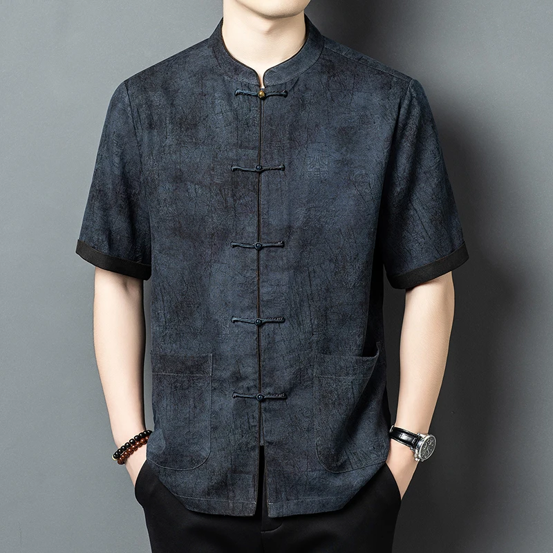 Luxurious Tang Costume Skin-Friendly Shirts For Men Frog Button Summer Quality Geniune Silk 100% Short Sleeved Camisas De Hombre