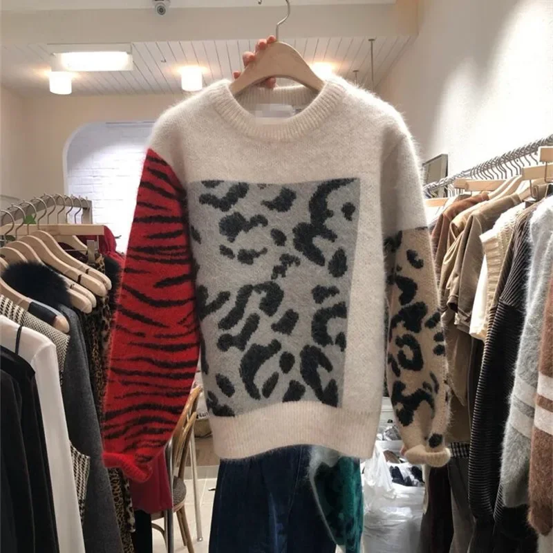 Korobov Harajuku Women Sweaters 2019 New Sueter Mujer Patchwork Mohair Female Sweater Leopard Print O-Neck Pullovers 76408