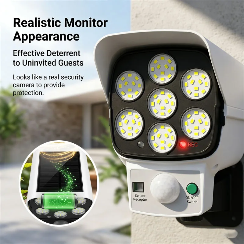 Solar Powered Dummy Security Camera with Motion Sensor LED Flood Light Outdoor Waterproof Wall Lamp for Home Yard Driveway